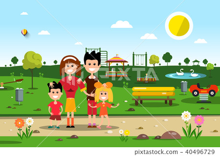 Happy Family in Park. Spring Vector Landscape. 40496729