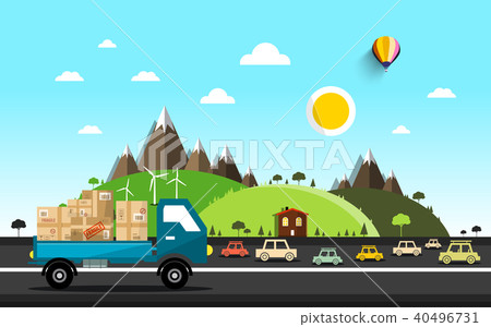 Cars on the Road. Vector Natural Landscape. 40496731