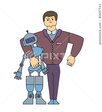 Human-Robot Interaction. Strong man making friends with a robot. Cartoon characters. Simple line Human-Robot Interaction. Strong man making friends with a robot. Cartoon characters. Simple line 40497541
