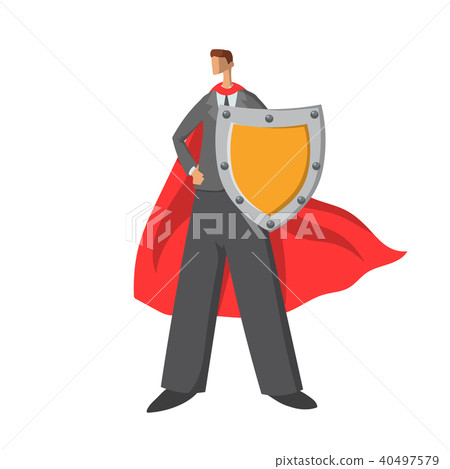 Businessman in red cape holding a shield. Superhero businessman. Flat vector illustration. Isolated Businessman in red cape holding a shield. Superhero businessman. Flat vector illustration. Isolated 40497579