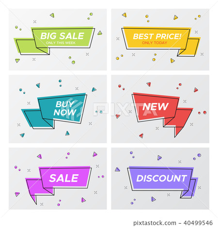 Set of six flat ribbon sale tags in bright colors Set of six flat ribbon sale tags in bright colors 40499546