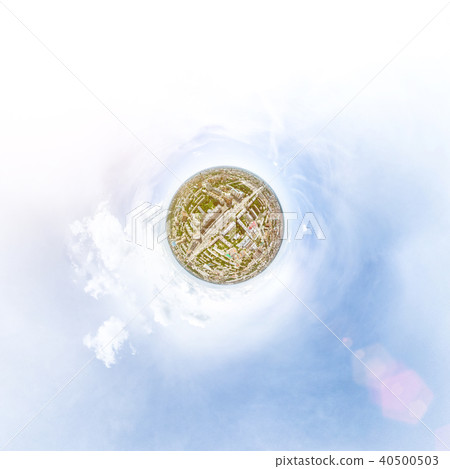 Aerial city view with crossroads and roads, houses, buildings, parks and parking lots. Sunny summer Aerial city view with crossroads and roads, houses, buildings, parks and parking lots. Sunny summer 40500503