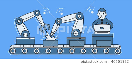 Modern conveyor assembling line with remot operator behind computer. Man conducting manufacturing 40501522