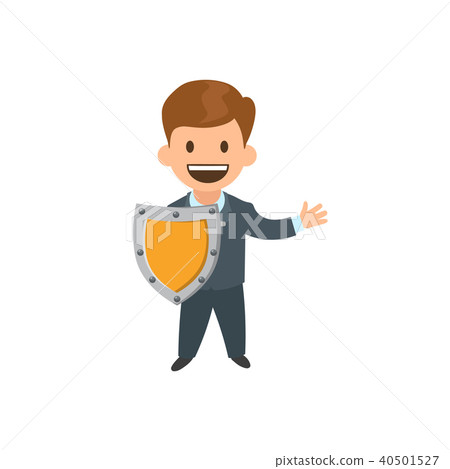 Funny smiling manager with a shield. Flat vector illustration. Isolated on white background. 40501527