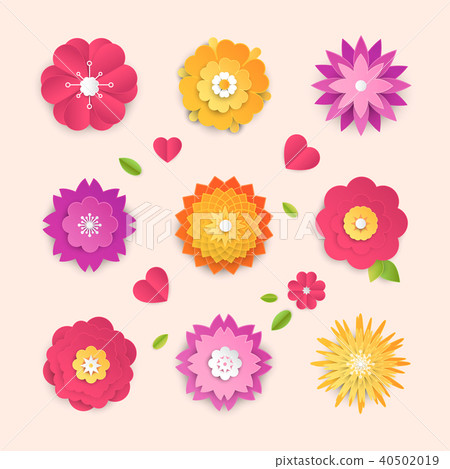 Paper cut flowers - set of modern vector colorful objects 40502019