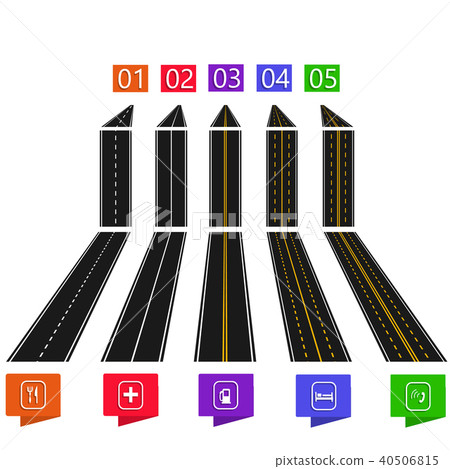Infographics. A set of roads with white and yellow markings in perspective and a top view on a white Infographics. A set of roads with white and yellow markings in perspective and a top view on a white 40506815