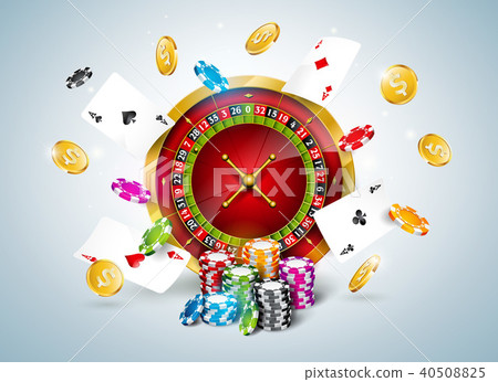 Vector illustration on a casino theme with roulette wheel, poker cards and playing chips on white 40508825