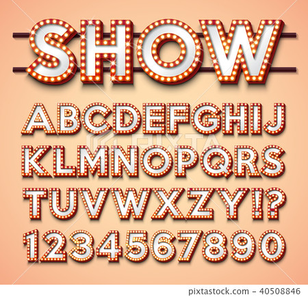Light Bulb Alphabet with bright red frame and shadow on red backgrond. Glowing retro vector font Light Bulb Alphabet with bright red frame and shadow on red backgrond. Glowing retro vector font 40508846