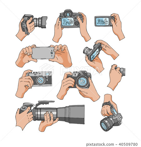 Camera vector professional photocamera in hands for photographing with photography lens illustration 40509780