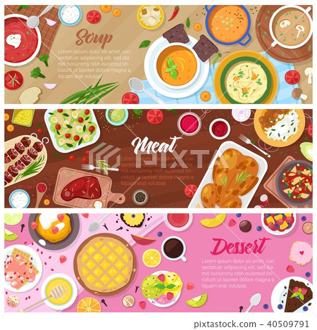 Food vector cooked meal soup meat and sweet dessert cake with fruits in restaurant menu illustration Food vector cooked meal soup meat and sweet dessert cake with fruits in restaurant menu illustration 40509791
