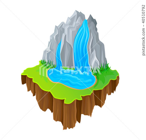 Isometric island with waterfall and green grass. Colorful nature landscape. Vector design for mobile 40510792