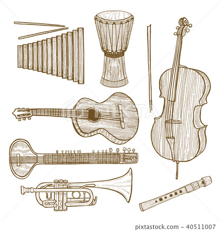 Different Instruments Drawn Set of Musical Instruments in Hand-Drawn Style - Stock Illustration ...