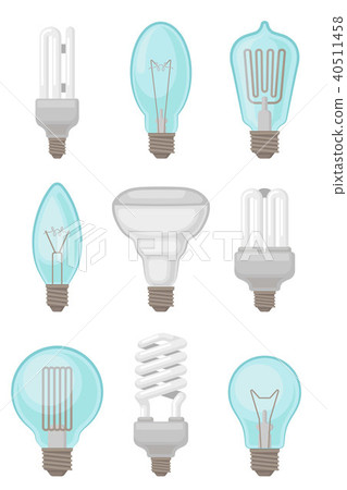 Flat vector set of different types of light bulbs. Incandescent and compact fluorescent lamps 40511458