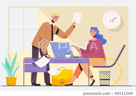 Two experienced business executives in a meeting seated at a table discussing paperwork and Two experienced business executives in a meeting seated at a table discussing paperwork and 40511504