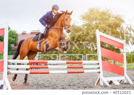 Young rider man jumping on horse over obstacle 40512023