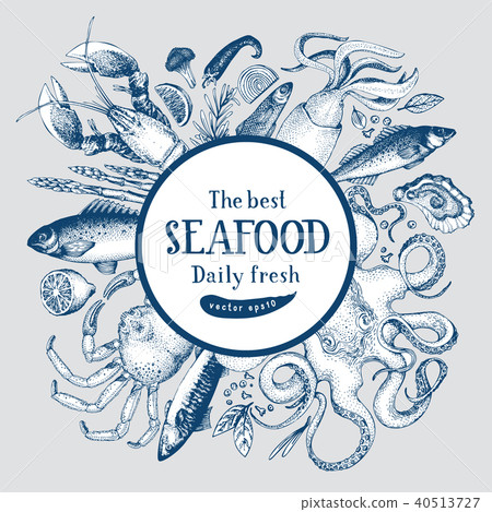 Hand drawn frame with seafood and fishes.... - Stock Illustration ...