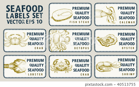 Labels with seafood. Set templates price tags for shops and markets of organic food. Vector Labels with seafood. Set templates price tags for shops and markets of organic food. Vector 40513755