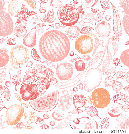 Fruits and berries hand drawn vector seamless... - Stock Illustration ...