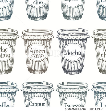 Seamless pattern with hand drawn cups of coffee... - Stock Illustration ...