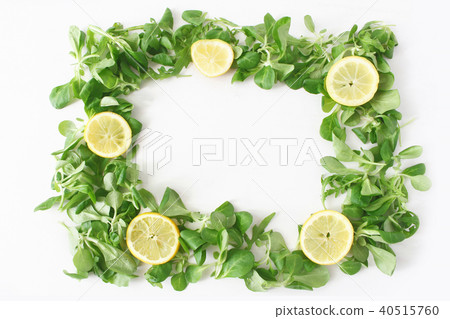 Decorative green vegetable frame composition. Various salad leaves. Arugula, rocket, corn salad with Decorative green vegetable frame composition. Various salad leaves. Arugula, rocket, corn salad with 40515760