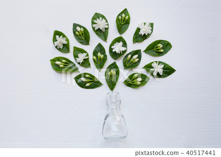 Glass Bottle with jasmine flower and leaves. Glass Bottle with jasmine flower and leaves. 40517441