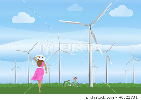 Ecology Concept - Women, bicycle and Wind Turbine Ecology Concept - Women, bicycle and Wind Turbine 40522731