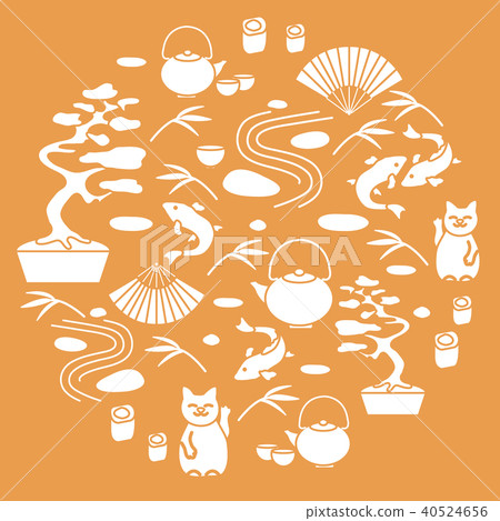 bonsai tree, teapot with two cups, minimal rock 40524656