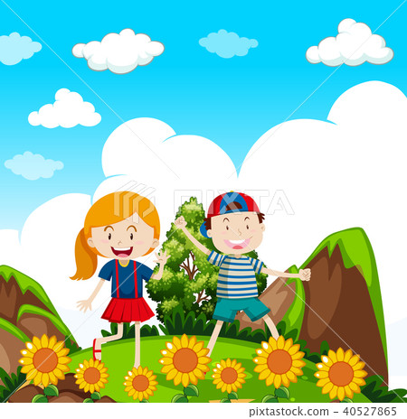 图库插图 kids hiking in nature
