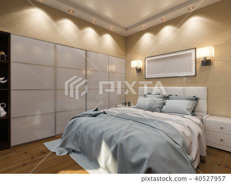 3D render of interior design of a bedroom in beige color 3D render of interior design of a bedroom in beige color 40527957