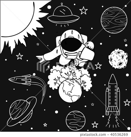 Funny astronaut watering the trees he has grown on 40536269
