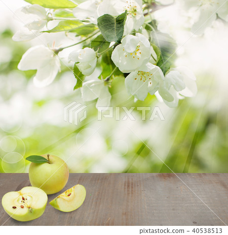 Green Apple Fruits on Wooden Background Green Apple Fruits on Wooden Background 40538513