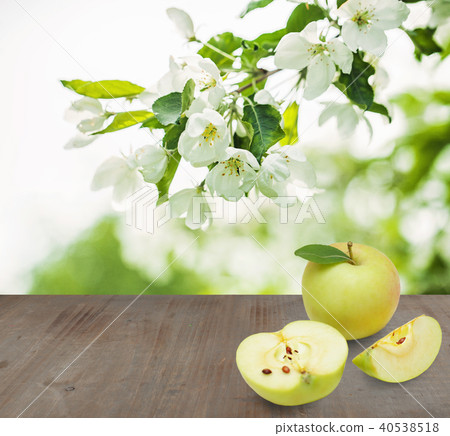 Organic Apple Fruits on Gray Wood Texture Organic Apple Fruits on Gray Wood Texture 40538518