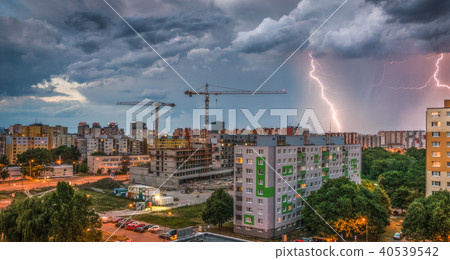 Lightnings Over Housing Estate. Storm in the City. 40539542