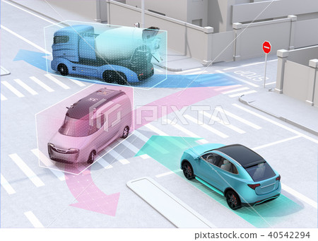 車輛間通信共享來往交叉路口的車輛的位置信息和速度信息，避免事故。連接的汽車概念 40542294