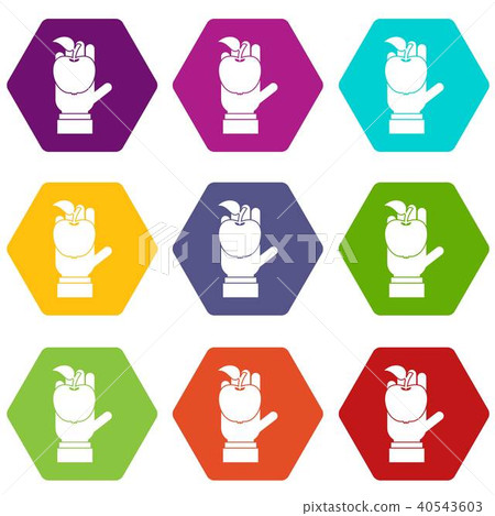 Apple in hand icon set color hexahedron Apple in hand icon set color hexahedron 40543603
