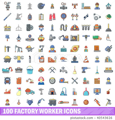 100 factory worker icons set, cartoon style 40543616
