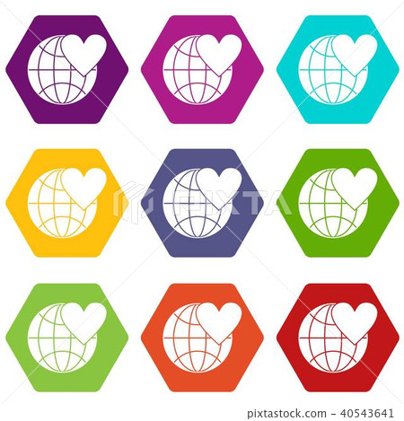 Earth world globe with heart icon set color hexahedron 40543641