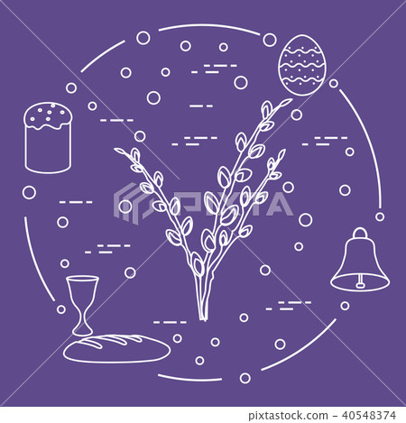 Easter cake, willow branches, bell, bowl, egg Easter cake, willow branches, bell, bowl, egg 40548374