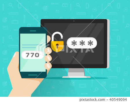 Two step authentication on smartphone vector illustration, flat cartoon cellphone and computer 40549094