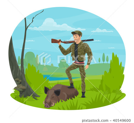 Hunter with rifle and trophy boar cartoon icon Hunter with rifle and trophy boar cartoon icon 40549600