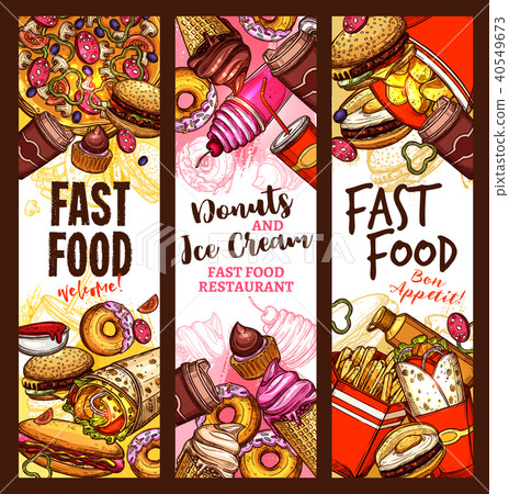 Fast Food Burger Drink And Dessert Sketch Banner Stock