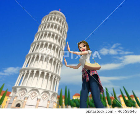 3D例證 - 牛仔褲的一名婦女支持一個斜塔 40559646