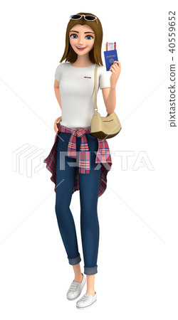 3D illustration-a woman in jeans holds a passport 3D illustration-a woman in jeans holds a passport 40559652