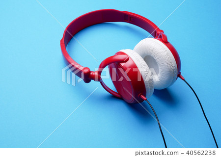 Image of red with white headphones for music close-up 40562238