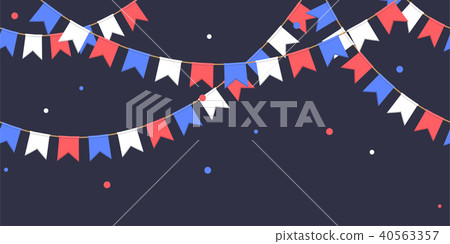 Seamless garland with celebration flags chain, white, blue, red pennons with confetti on dark 40563357