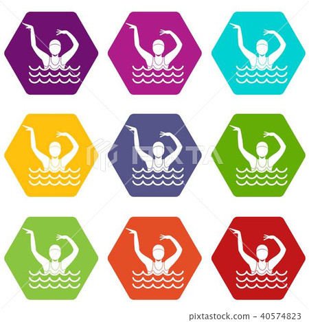 Swimmer in a swimming pool icon set color hexahedron 40574823