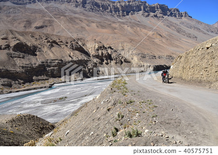 Superb view of Spiti Valley India View from Tabo village to Kaza Beautiful mountain and river Biker during touring 40575751