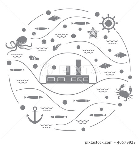ship, octopus, fish, anchor, helm, waves, ship, octopus, fish, anchor, helm, waves, 40579922