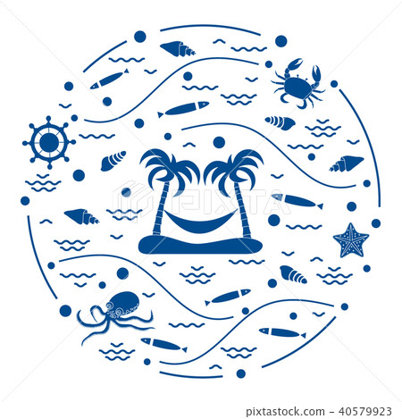 octopus, fish, island with palm trees and a 40579923