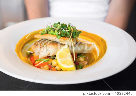 Snapper fillet, vegetable and mashed chickpeas. Snapper fillet, vegetable and mashed chickpeas. 40582443